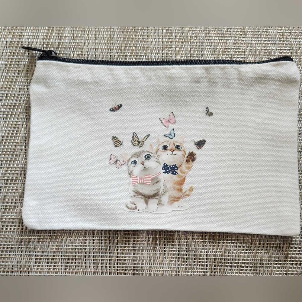Artisan White Cat and Butterfly Pouch
